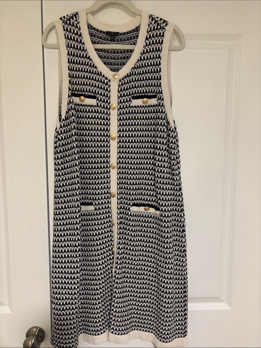 Talbots Sleeveless Black & White Knit Sweater Dress with Gold Buttons